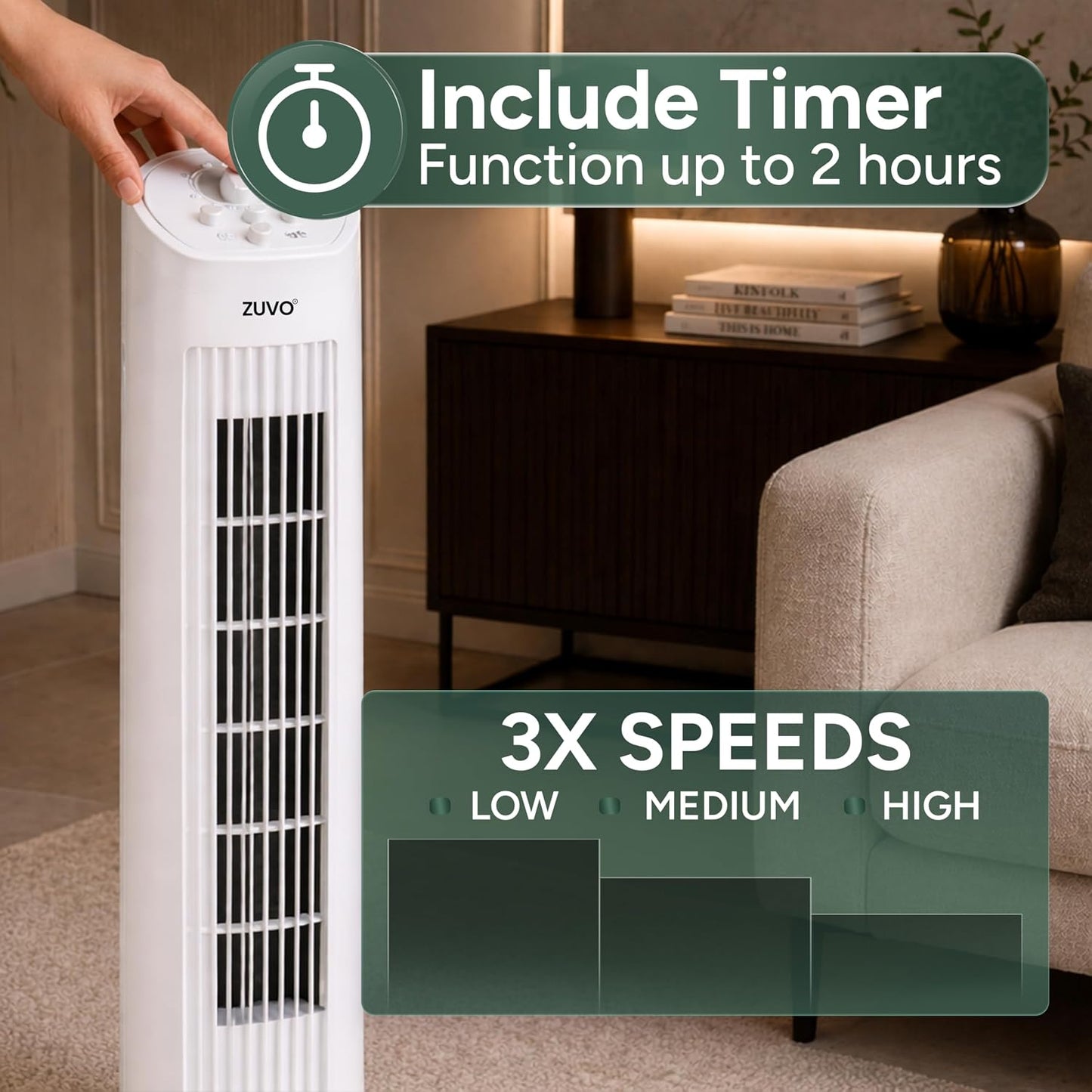 30" Tower Fan for Bedroom | Quiet Bladeless Oscillating Standing Fan, 3 Speeds, 90° Wide Oscillation, 2-Hour Timer | Home, Living Room & Office | White