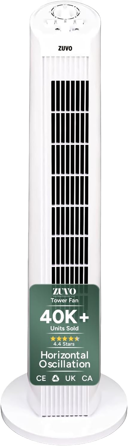 30" Tower Fan for Bedroom | Quiet Bladeless Oscillating Standing Fan, 3 Speeds, 90° Wide Oscillation, 2-Hour Timer | Home, Living Room & Office | White