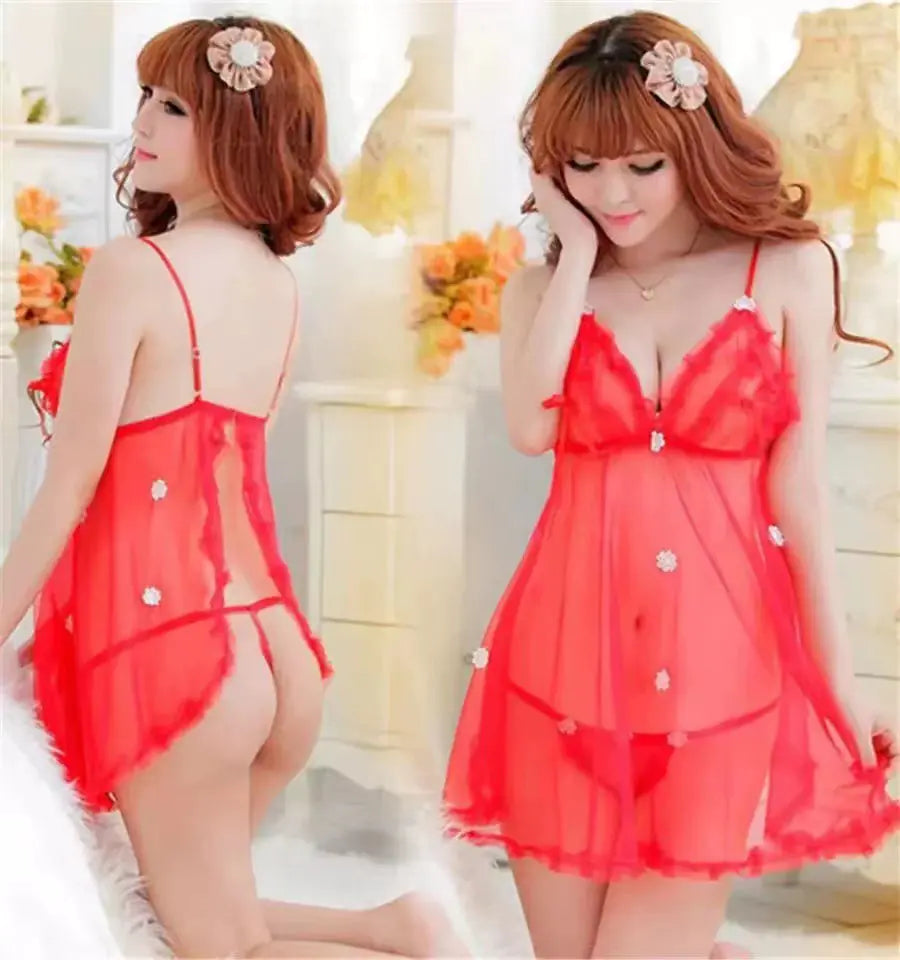 Plus Size Sheer Lace Lingerie Nightgown with Floral Design