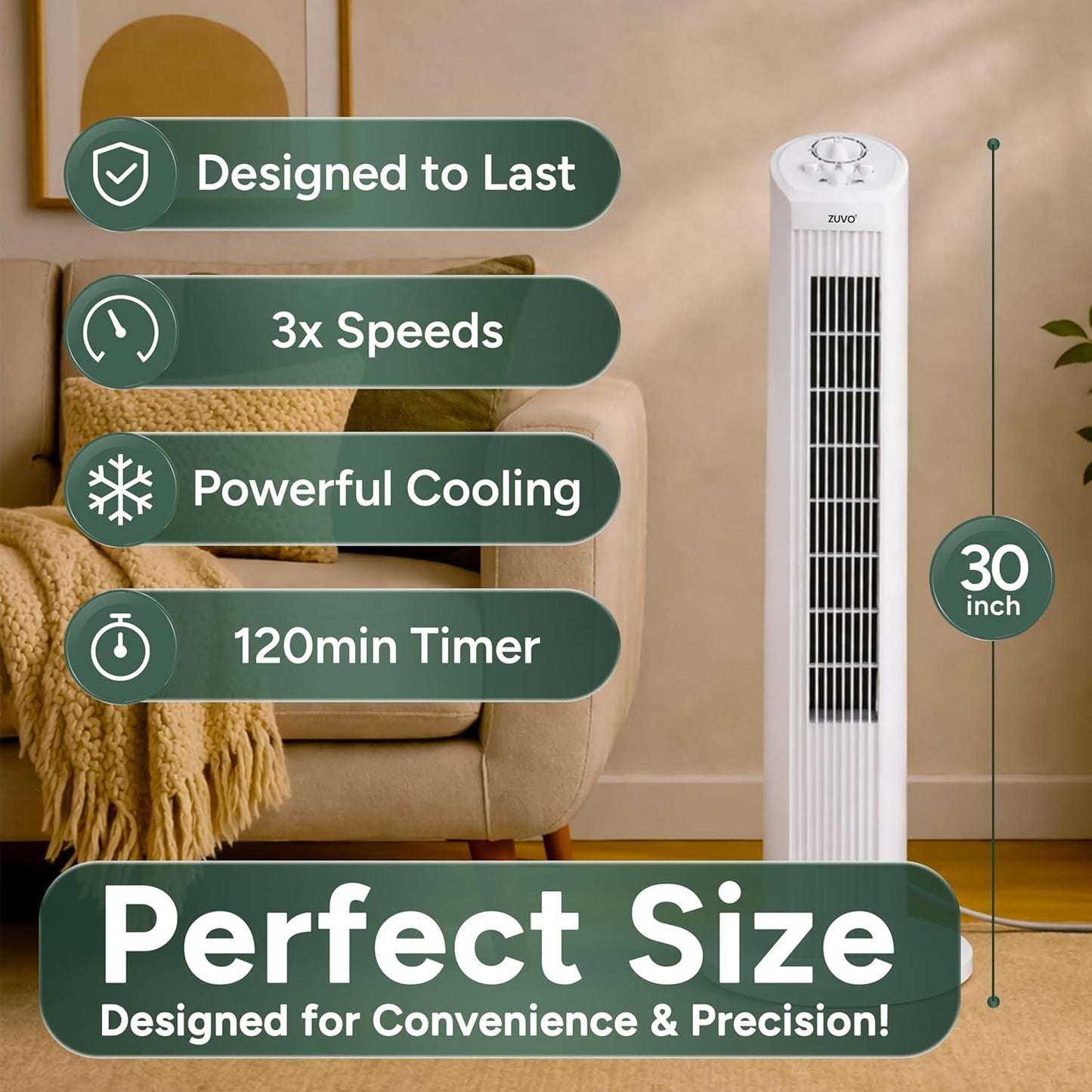 30" Tower Fan for Bedroom | Quiet Bladeless Oscillating Standing Fan, 3 Speeds, 90° Wide Oscillation, 2-Hour Timer | Home, Living Room & Office | White