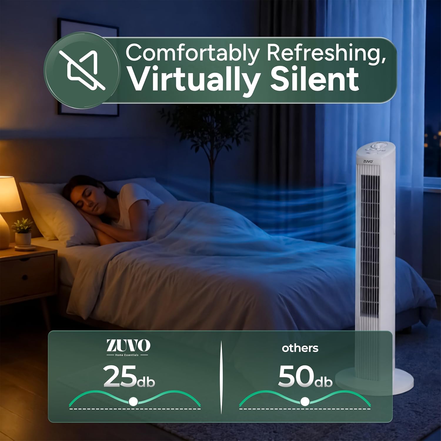 30" Tower Fan for Bedroom | Quiet Bladeless Oscillating Standing Fan, 3 Speeds, 90° Wide Oscillation, 2-Hour Timer | Home, Living Room & Office | White