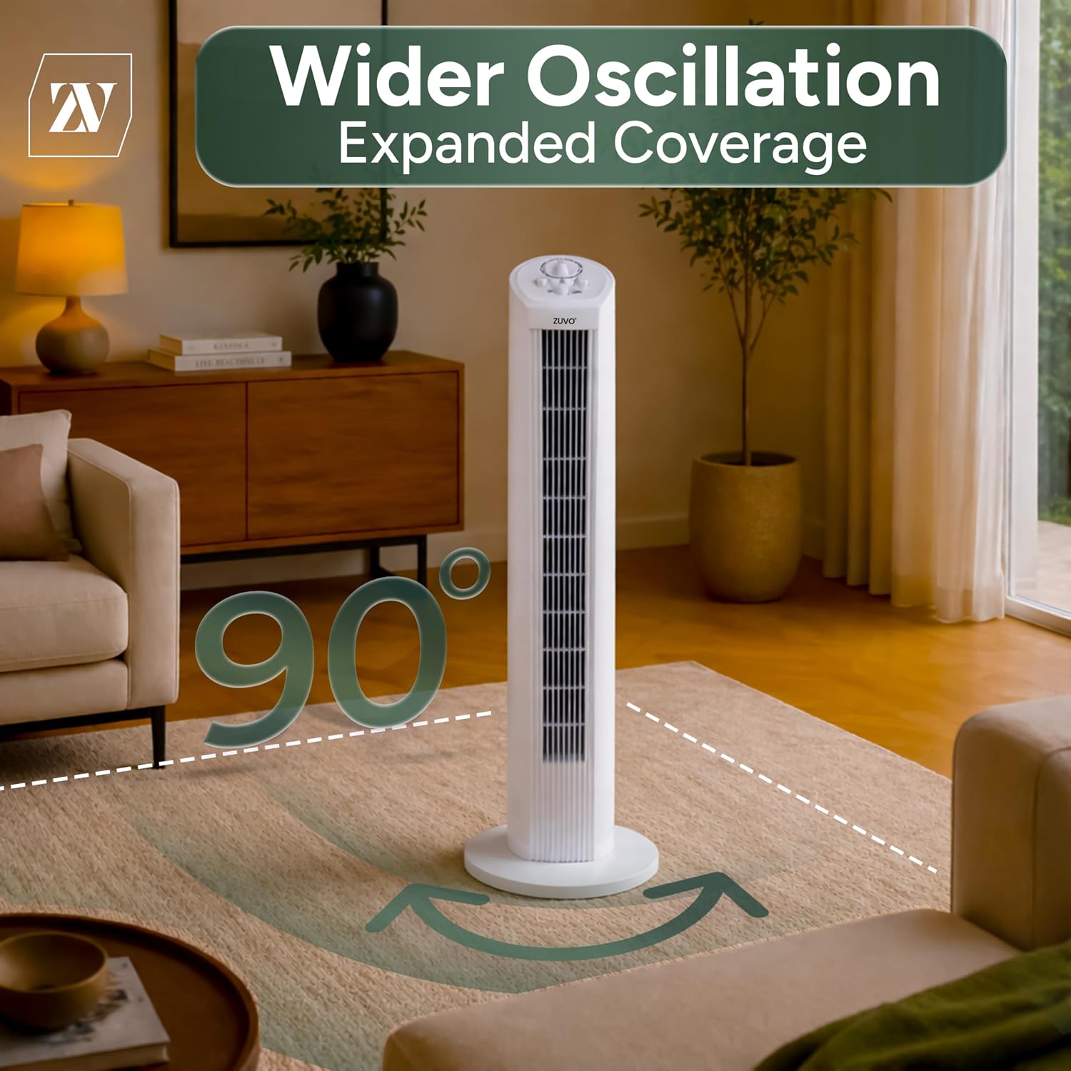 30" Tower Fan for Bedroom | Quiet Bladeless Oscillating Standing Fan, 3 Speeds, 90° Wide Oscillation, 2-Hour Timer | Home, Living Room & Office | White